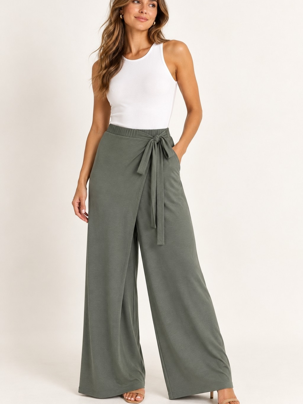Zara Olive Green Wide-Leg Tie Waist Pants